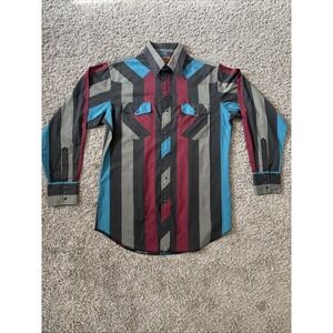Vintage Rustler Shirt Mens Large Striped Western Pearl Snap X-Long Tails 90s